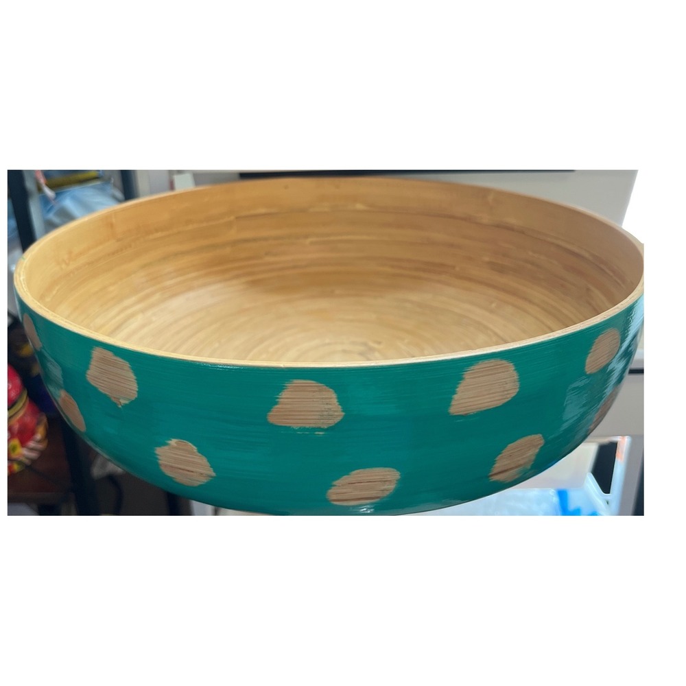 Teal Bamboo Polka Dot Serving Bowl Round Wood Salad Fruit Basin 12 Inch Teal Tan